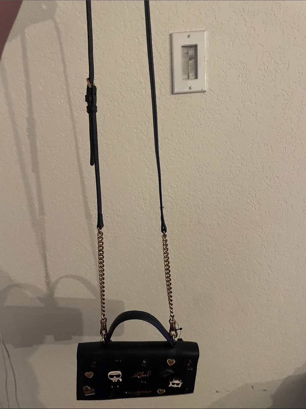 Karl Lagerfeld Black Crossbody Bag with Gold Chain and Heart Charms